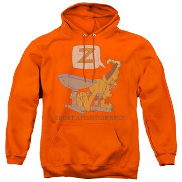 Orange pullover hoodie with Garfield Attention Span graphic