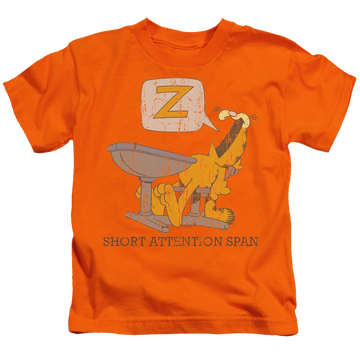 Orange kid's t-shirt for ages 4 to 7 with Garfield Attention Span graphic