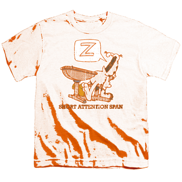 Orange youth t-shirt for ages 8 to 12 with Garfield Attention Span graphic