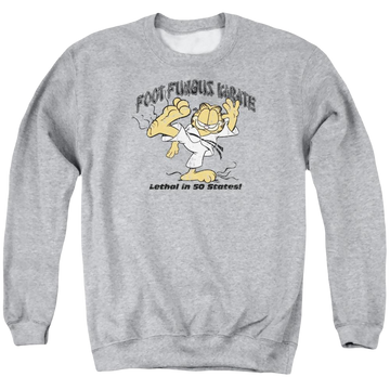 Athletic heather men's crewneck sweatshirt with Garfield Foot Fungus Karate graphic