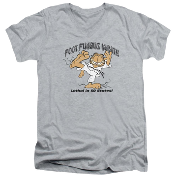 Athletic heather men's v-neck t-shirt with Garfield Foot Fungus Karate graphic