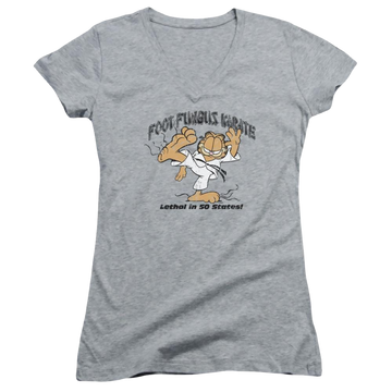 Athletic heather juniors v-neck t-shirt with Garfield Foot Fungus Karate graphic