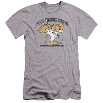 Athletic heather men's premium slim fit t-shirt with Garfield Foot Fungus Karate graphic