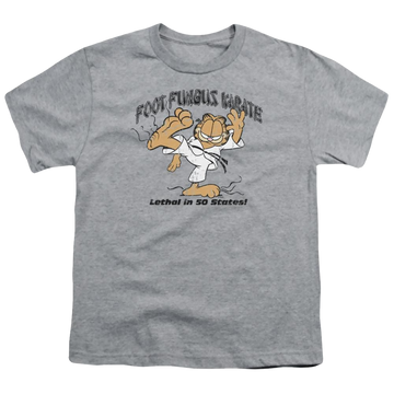Athletic heather youth t-shirt for ages 8 to 12 with Garfield Foot Fungus Karate graphic