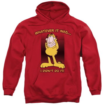 Red pullover hoodie with Garfield I Didn't Do It graphic