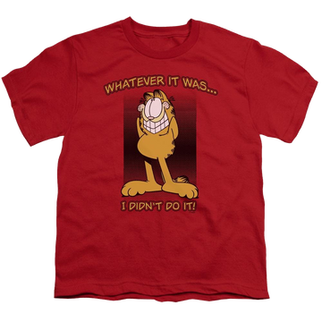 Red youth t-shirt for ages 8 to 12 with Garfield I Didnt Do It graphic
