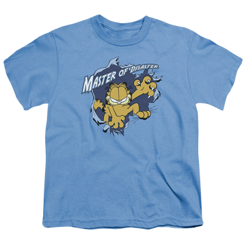 Carolina blue youth t-shirt for ages 8 to 12 with Garfield Master Of Disaster graphic