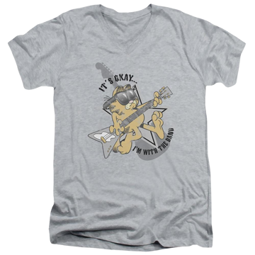 Athletic heather men's v-neck t-shirt with Garfield Im With The Band graphic