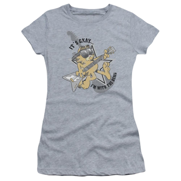 Athletic heather juniors t-shirt with Garfield Im With The Band graphic