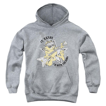 Athletic heather youth hoodie for ages 8 to 12 with Garfield Im With The Band graphic