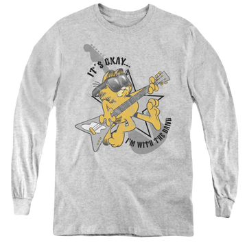 Athletic heather youth long sleeve t-shirt with Garfield Im With The Band graphic