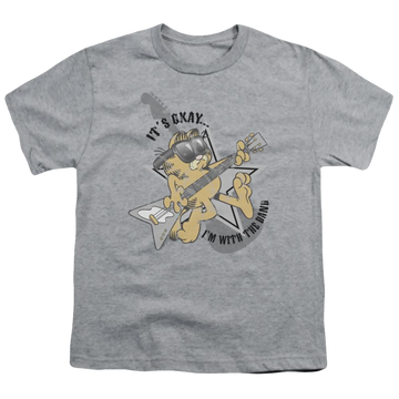 Athletic heather youth t-shirt for ages 8 to 12 with Garfield Im With The Band graphic