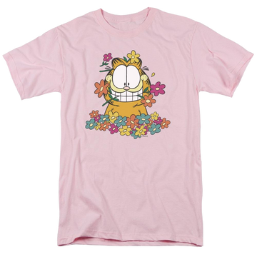Pink men's regular fit t-shirt with Garfield In The Garden graphic