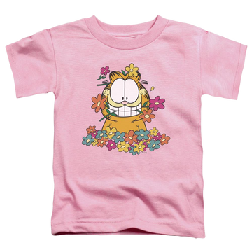 Pink toddler t-shirt with Garfield In The Garden graphic
