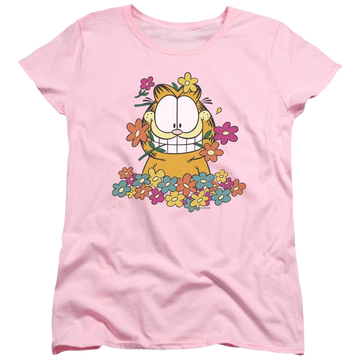 Pink women's t-shirt with Garfield In The Garden graphic