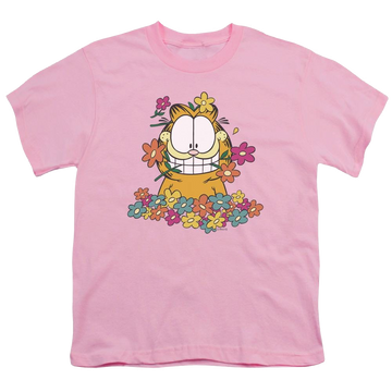 Pink youth t-shirt for ages 8 to 12 with Garfield In The Garden graphic