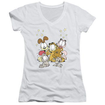 White juniors v-neck t-shirt with Garfield Friends Are Best graphic