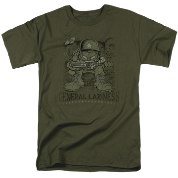 Military green men's regular fit t-shirt with Garfield General Laziness graphic