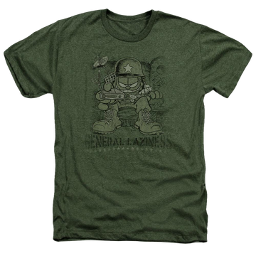Military green men's heather t-shirt with Garfield General Laziness graphic
