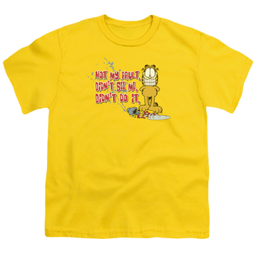 Yellow youth t-shirt for ages 8 to 12 with Garfield Not My Fault graphic