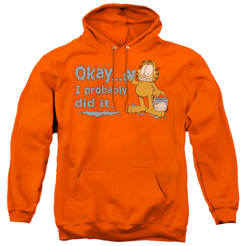 Orange pullover hoodie with Garfield I Probably Did It graphic