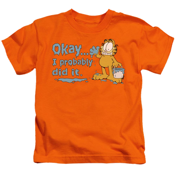 Orange kid's t-shirt for ages 4 to 7 with Garfield I Probably Did It graphic