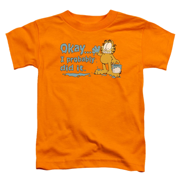 Orange toddler t-shirt with Garfield I Probably Did It graphic