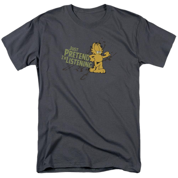 Charcoal men's regular fit t-shirt with Garfield Just Pretend Im Listening graphic