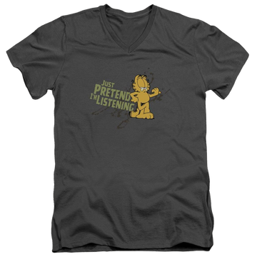 Charcoal men's v-neck t-shirt with Garfield Just Pretend Im Listening graphic