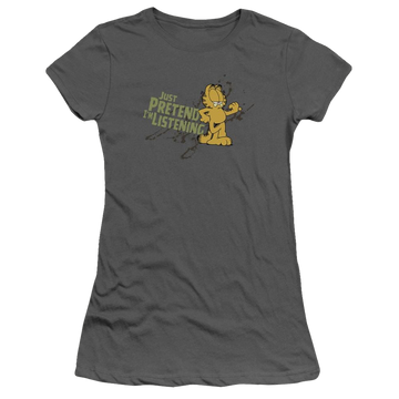 Charcoal juniors t-shirt with Garfield Just Pretend Im Listening graphic
