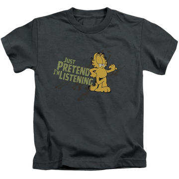 Charcoal kid's t-shirt for ages 4 to 7 with Garfield Just Pretend Im Listening graphic