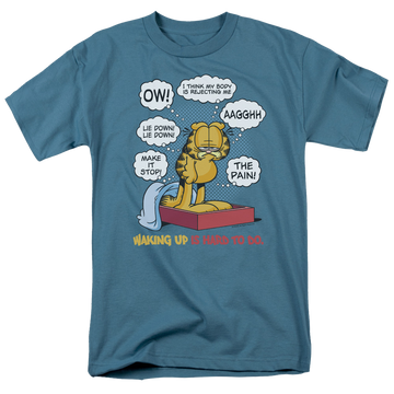 Slate men's regular fit t-shirt with Garfield Waking Up Is Hard To Do graphic