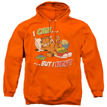 Orange pullover hoodie with Garfield I Can... graphic