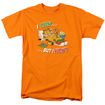 Orange men's regular fit t-shirt with Garfield I Can... graphic
