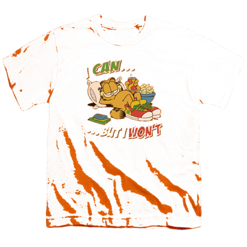Orange youth t-shirt for ages 8 to 12 with Garfield I Can... graphic