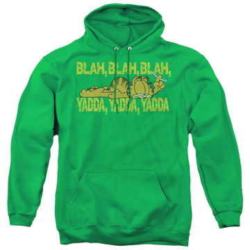 Kelly green pullover hoodie with Garfield Blah Blah graphic