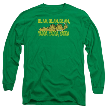 Kelly green men's long sleeve t-shirt with Garfield Blah Blah graphic