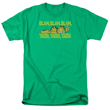 Kelly green men's regular fit t-shirt with Garfield Blah Blah graphic