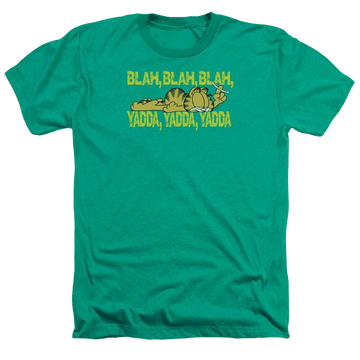 Kelly green men's heather t-shirt with Garfield Blah Blah graphic