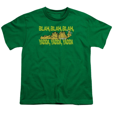 Kelly green youth t-shirt for ages 8 to 12 with Garfield Blah Blah graphic