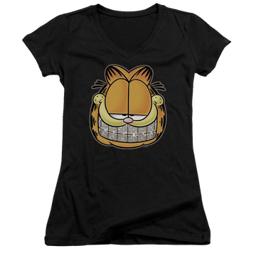 Black juniors v-neck t-shirt with Garfield Nice Grill graphic
