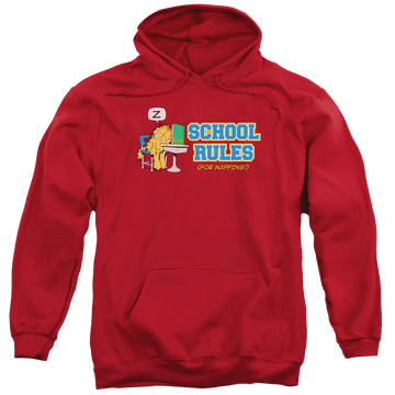 Red pullover hoodie with Garfield School Rules graphic