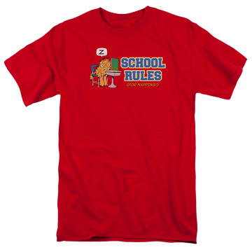 Red men's regular fit t-shirt with Garfield School Rules graphic