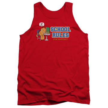 Red men's tank with Garfield School Rules graphic