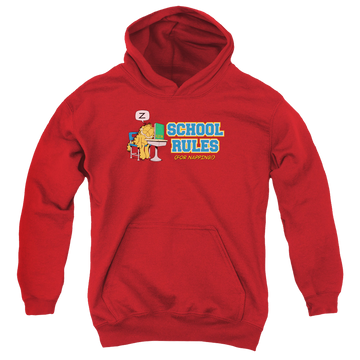 Red youth hoodie for ages 8 to 12 with Garfield School Rules graphic