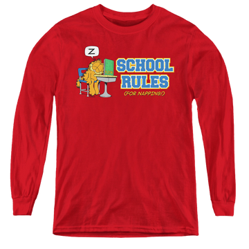 Red youth long sleeve t-shirt with Garfield School Rules graphic
