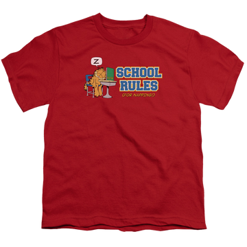 Red youth t-shirt for ages 8 to 12 with Garfield School Rules graphic