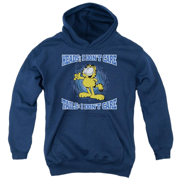 Navy youth hoodie for ages 8 to 12 with Garfield Heads Or Tails graphic
