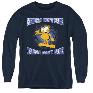 Navy youth long sleeve t-shirt with Garfield Heads Or Tails graphic