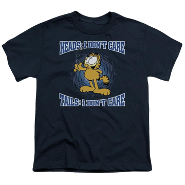 Navy youth t-shirt for ages 8 to 12 with Garfield Heads Or Tails graphic